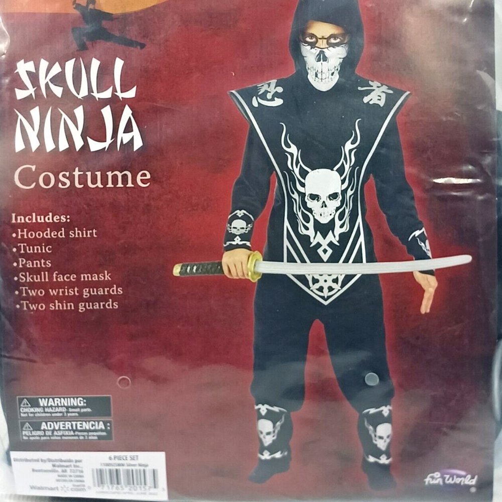Fun World Skull Ninja Boy's S 6-7 Halloween Costume Party Dress Up 6 Piece Set